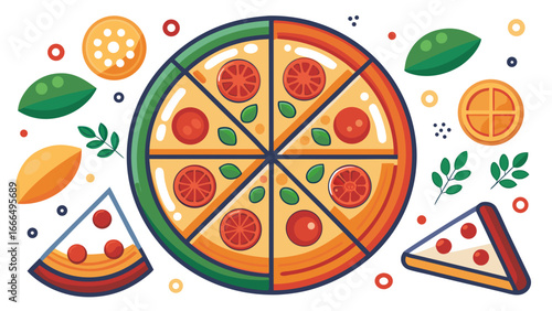 Whole and chopped pizza icons rest on white background, vector collection emphasizes simplicity and delicious geometry, timeless design blending flavor with clean minimalism, iconic symbol of shared j