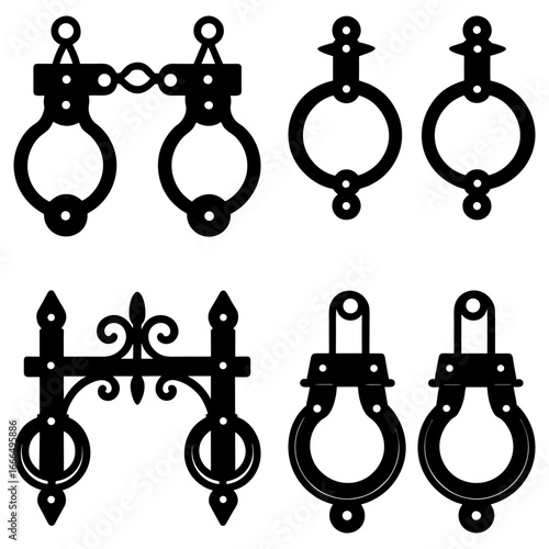 Collection of decorative black iron door knockers and hinges in various styles and shapes isolated