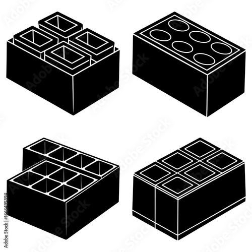 Four black and white isometric illustrations of toy building blocks with different stud patterns on top