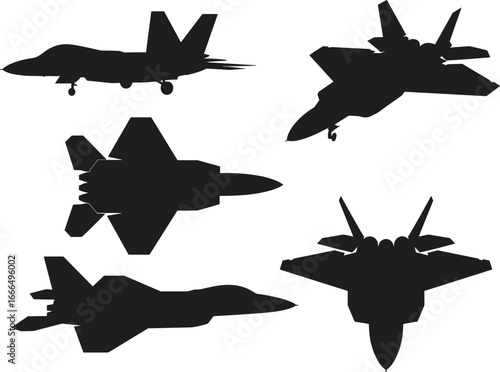 Fighter jet silhouettes, military aircraft icons, stealth plane shapes, aviation graphic elements, warplane design, black aircraft profiles, isolated jets