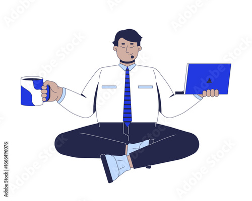 Crossed legged arab businessman meditating with coffee and laptop 2D cartoon character. Workplace focus. Office worker calm posture flat vector person isolated on white. Spot illustration colorful