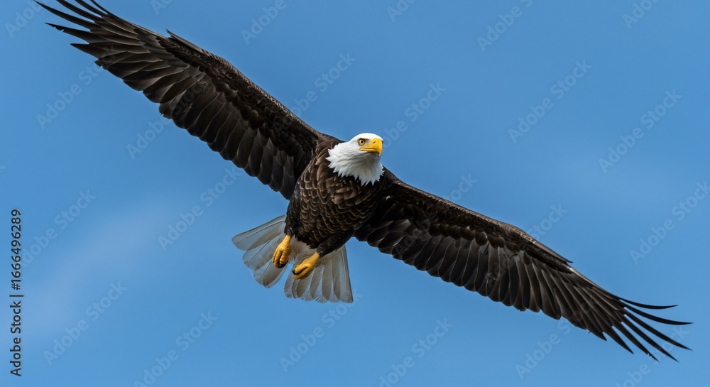 Fototapeta premium Majestic Bald Eagle in Flight Against Vivid Blue Sky