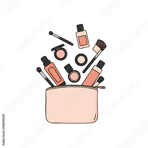 A minimalist 2D flat vector illustration showcases a vibrant cosmetic bag spilling an assortment of colorful beauty products, isolated on a pristine white background.