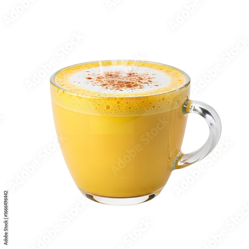 Photo of a warm and healthy golden turmeric latte in a clear glass mug, topped with frothy foam and a sprinkle of cinnamon, isolated on transparent background