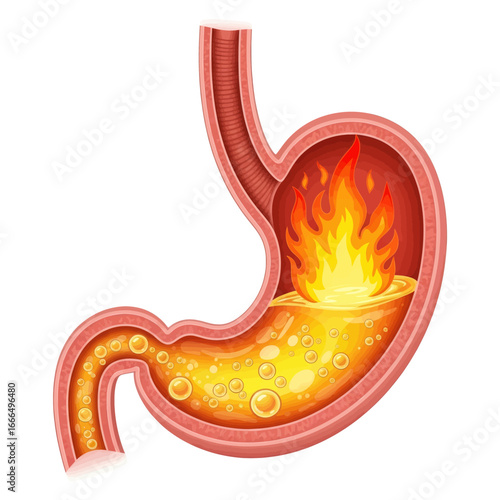 Illustration of a human stomach with a burning sensation and bubbling digestive fluids, symbolizing heartburn or indigestion.