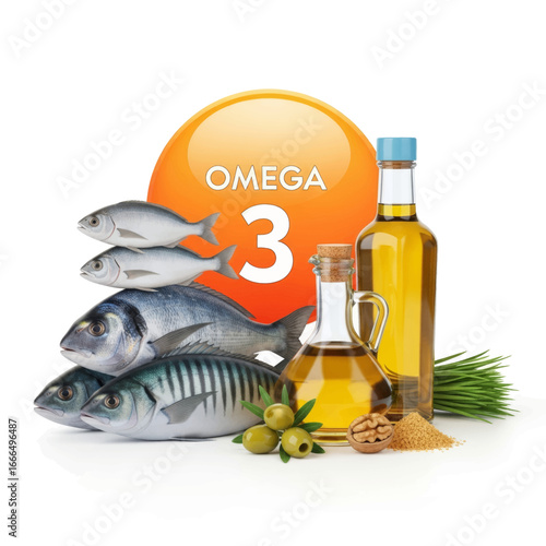 Image showcasing omega-3 fatty acids, featuring fish, oil bottles, olives, seeds, and a prominent orange circle.