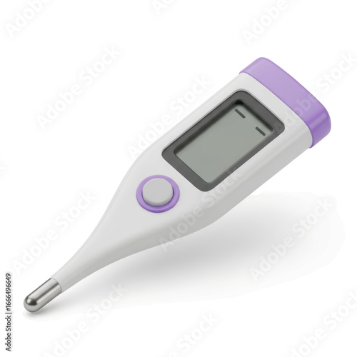 A modern digital medical thermometer with a purple button and cap, isolated on a clean white background.