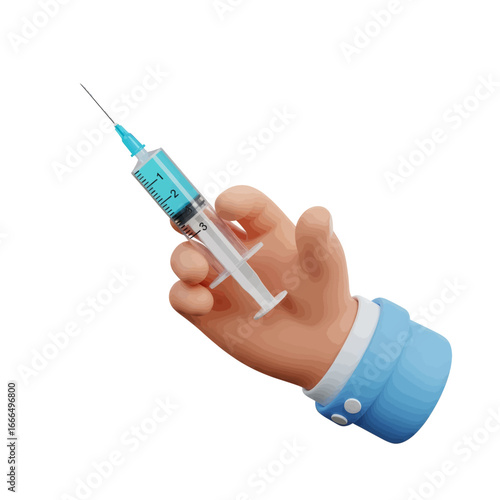 A 3D rendered cartoon hand in a blue shirt cuff holding a medical syringe filled with blue liquid.