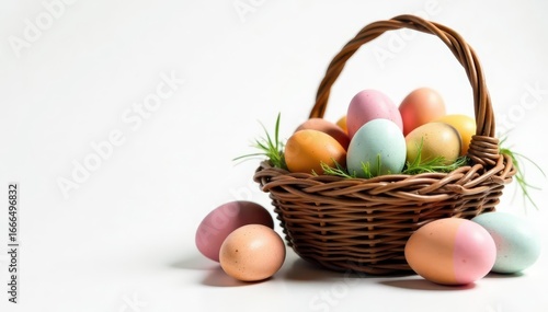 Variety of decorated Easter eggs overflowing from a rustic basket, white backdrop , spring holiday, texture