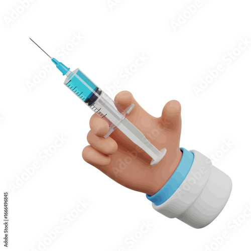 Hand holding a syringe with blue liquid, ready for injection.
