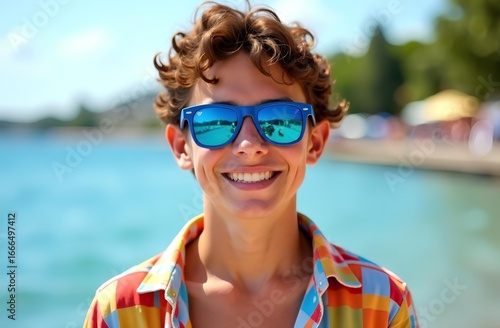 Portrait of a curly-haired guy on the sea embankment
