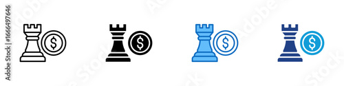 Financial Strategy Multi Style Icon Vector Design - Chess rook and coin represent strategic financial planning or investment decisions
