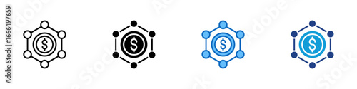 Decentralized Finance Multi Style Icon Vector Design - Coin inside hexagonal network illustrates decentralized finance or blockchain financial systems