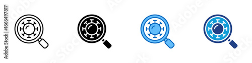 Virus Detection Multi Style Icon Vector Design - Magnifying glass examining a virus particle, indicating virus analysis, detection, or diagnosis