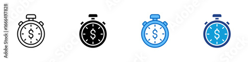 Time Finance Multi Style Icon Vector Design - Stopwatch with dollar symbol represents urgency in financial decisions or timed investment returns