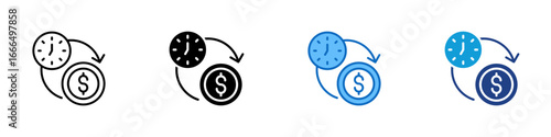 Time Value Multi Style Icon Vector Design - Clock and coin illustrate the concept of time value of money or timely investment returns