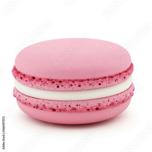 A vibrant closeup of colorful French macaroons, a delicious and traditional sweet dessert pastry, isolated on a white background