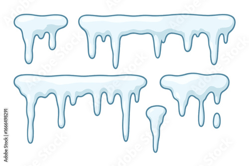 Icicles vector set. Cartoon snow caps hanging down. Winter frozen ice collection. Dripping blue frost for holiday decoration. Cold weather seasonal illustration isolated.