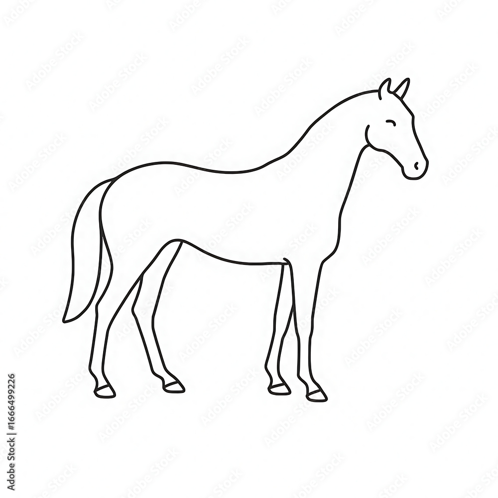 Fototapeta premium Outline of a horse standing, single line drawing, minimal detail on white background