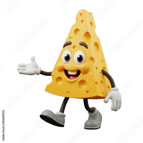 Cheerful Cheese Character: A whimsical 3D rendering of a jovial cheese wedge with endearing cartoon features, inviting viewers with a playful charm.