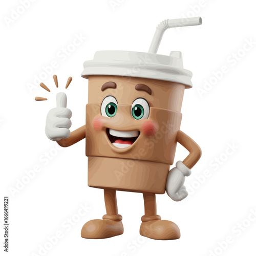 Happy Coffee Cup Character: A cheerful, animated coffee cup character offers a thumbs-up gesture, emanating positivity and conveying a message of satisfaction or endorsement.