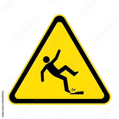 Slippery floor hazard warning sign in yellow triangle with falling person isolated on white background