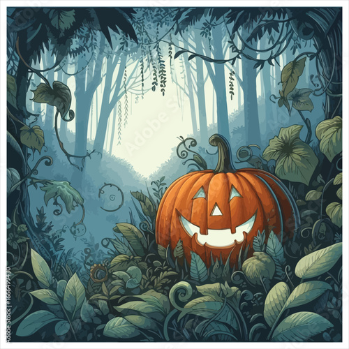 Spooky halloween forest scene with glowing jack-o'-lantern and eerie moonlit trees illustration