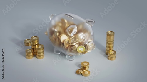 Piggy Bank 3D Animation, Bitcoins Staking, Yield Farming, Liquidity Mining. BTC coins falling into a pig glass finance account. GG digital wallet cryptocurrency stock explosion. Crypto deposit token.