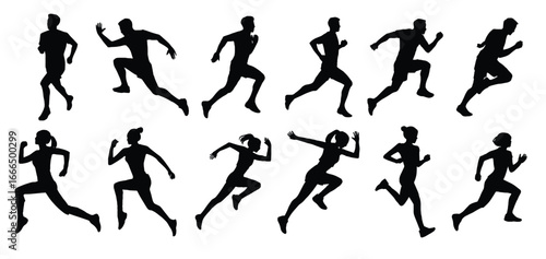 set silhouettes of people running pose