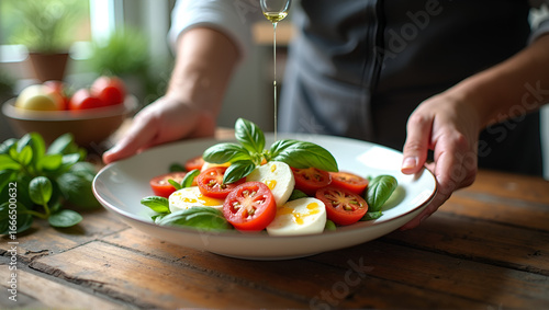 Chef plating vibrant caprese salad on rustic wooden table