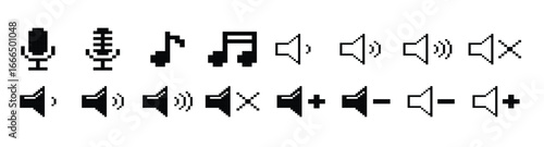 Music, audio pixel art set, microphone, music notes, speaker volume level icon