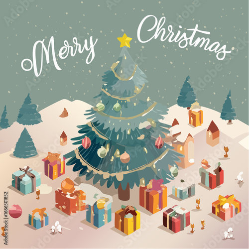 Wektorowa kartka „Merry Christmas” w stylu retro vintage, ręcznie rysowane elementy, pastelowe kolory, choinka, prezenty i śnieg, typografia retro, klimatyczna ilustracja.