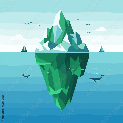 Majestic frozen mountain peaks rise above calm ocean waters with sailing vessels gliding by beneath clear skies