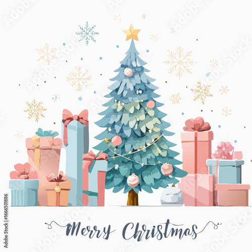 Wektorowa kartka „Merry Christmas” w stylu retro vintage, ręcznie rysowane elementy, pastelowe kolory, choinka, prezenty i śnieg, typografia retro, klimatyczna ilustracja.