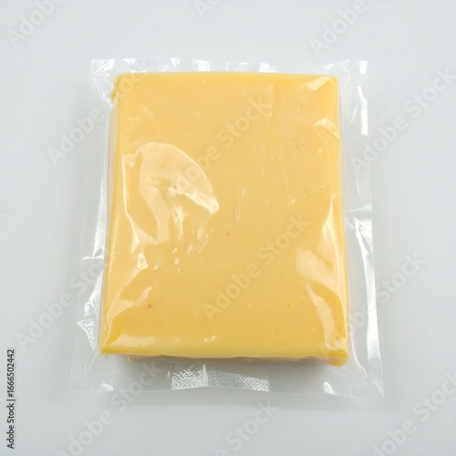 Rectangular block of cheese in clear plastic wrap