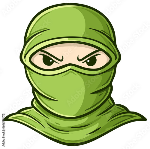 Green masked figure with piercing eyes stares intently wearing traditional headwear and costume.