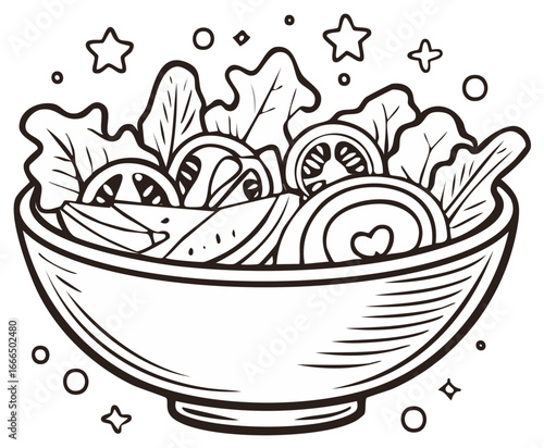 Healthy vegetable salad in a bowl black and white line art cartoon illustration for coloring page