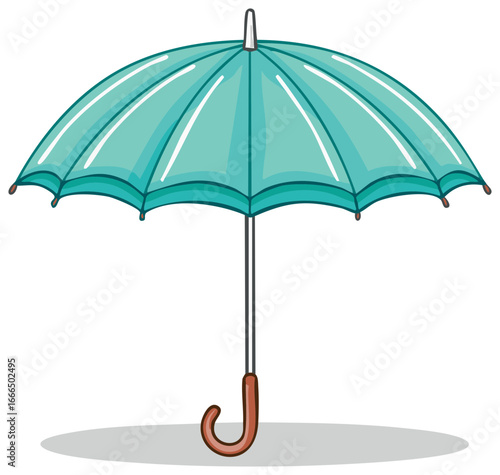 Cartoon illustration of an open blue umbrella, isolated, with a shadow.