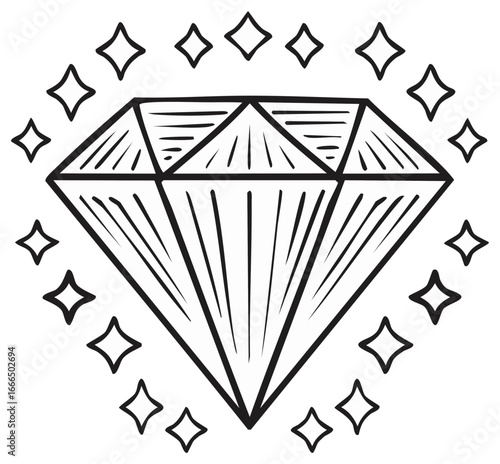 Hand drawn diamond with sparkling stars illustration outline graphic