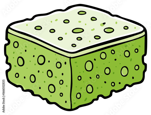 Cartoon style green sponge with holes and irregular edges for cleaning tasks and washing dishes in the kitchen