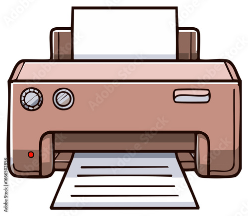 Cartoon style illustration of a modern office printer printing a document.