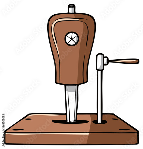 Vintage manual coffee grinder illustration with traditional crank handle and brown wooden base