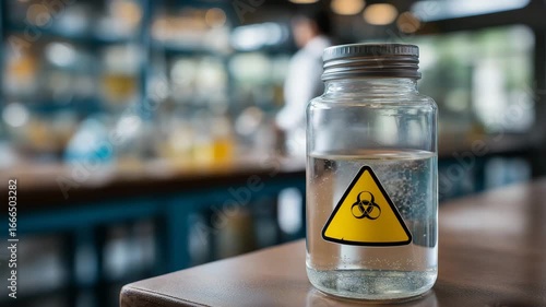 A bottle of liquid with a yellow. It is sitting on a table. Closeup of pathogen sample in sealed glass container with biohazard warning, biosecurity, lab bench background