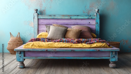 Colorful bohemian bedroom with distressed wooden bed