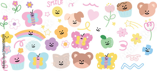 Colorful Doodle Animals – Bear, Dog, Flowers, Smile, Cute Faces, Fun Stickers