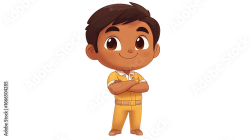 Cartoon boy in yellow outfit standing confidently with arms crossed, showcasing a cheerful expression and playful character design for educational purposes