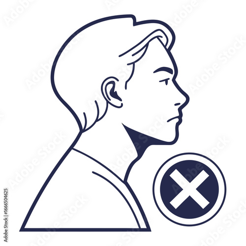 Profile illustration of a person with a cross mark, indicating disapproval or incorrectness.