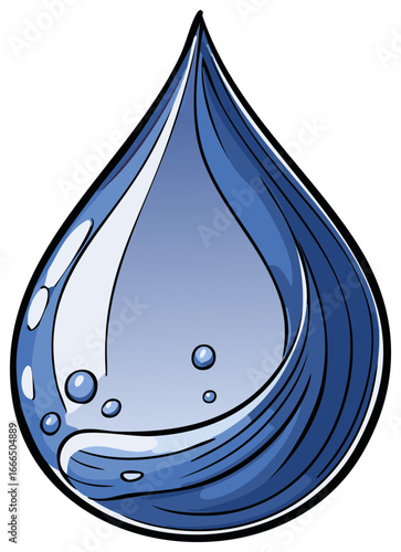 Stylized illustration of a large blue water droplet with internal bubbles and wavy lines