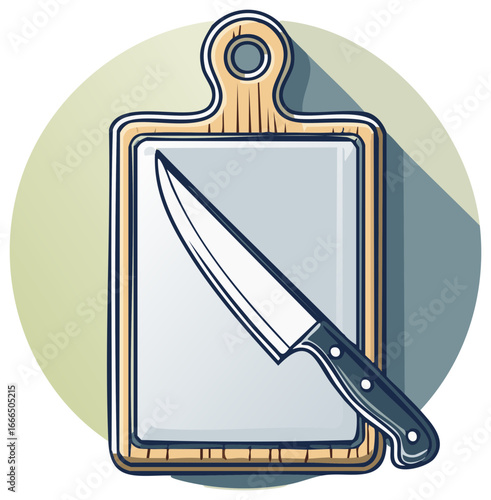 Illustration of a butcher knife resting on a wooden cutting board for kitchen prep and meal preparation in food service industry