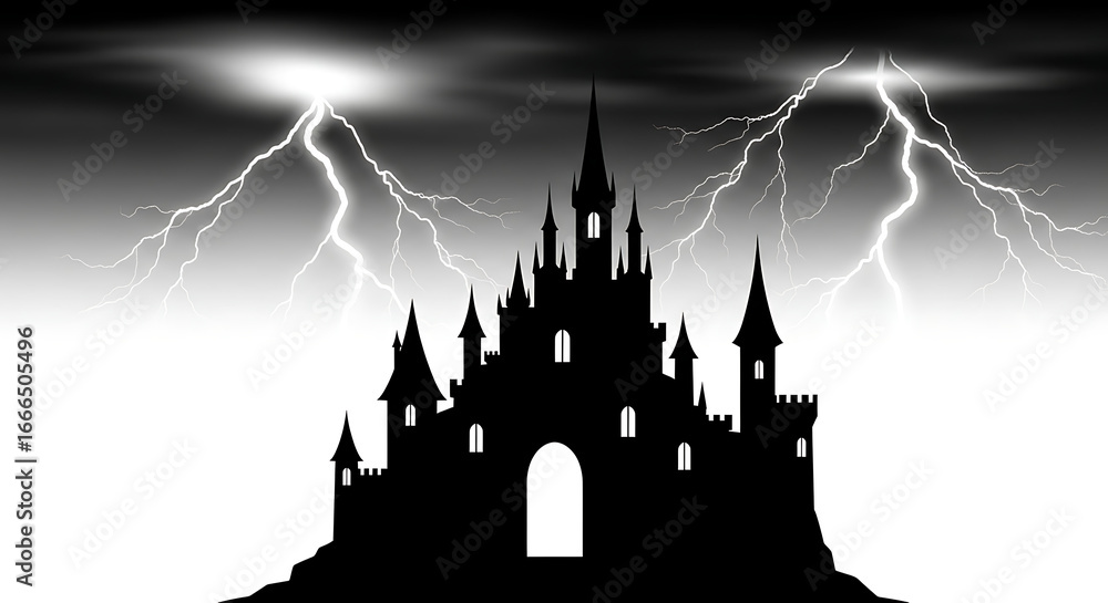 Obraz premium Silhouette of a castle under a stormy sky with lightning strikes in a monochrome illustration ai generated